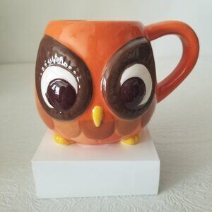 Retro Glazed Ceramic Wide Eyed Owl 16oz Fall Orange Brown White Coffee Cup Mug